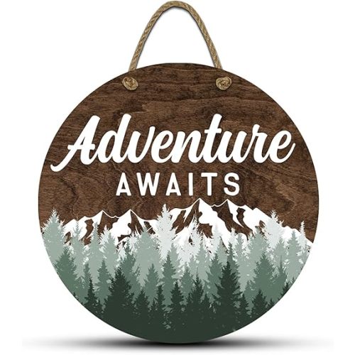 Adventure Awaits Hanging Wall Sign, 12" Wood Round, Green Trees Brown Background, Rustic Home Decor, Woodland Baby Shower Decorations,Hickory Hollow Designs (Adventure Awaits (Dark Walnut))