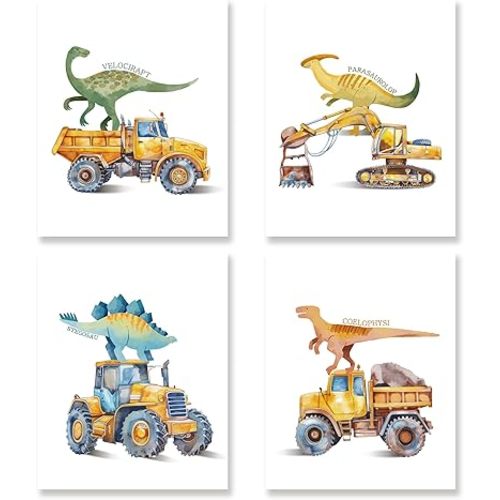 KSDUT Dinosaur and Construction truck Wall Decor Art Set of 4 - Baby Dinosaur Artwork Poster Prints Wall Decor Dino Nursery Wall Art for Boys Room Toddler Bathroom Decorations - 8"x10" Unframed