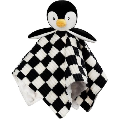 Baby Lovey Blanket for Boys Girls Super Soft Checkerboard Gingham with Minky Dot Fabric Backing Penguin Stuffed Animal Lovely Snuggle Toy Black 14 Inch