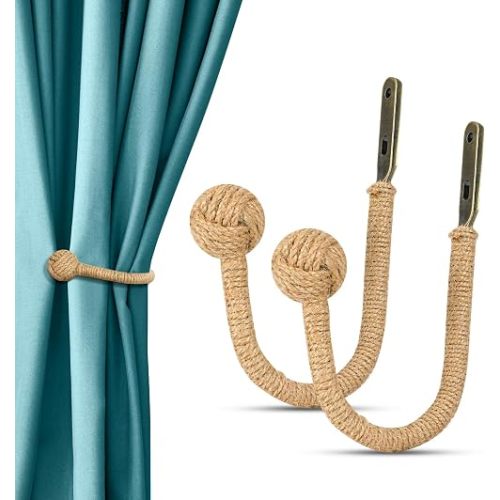 Boho Curtain Holdbacks, Handmade Natural Jute Rope Holdbacks Rustic Farmhouse Curtain Hooks for Wall, Heavy Duty Decorative Drapery Holdbacks Set of 2