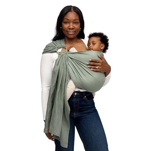 WildBird - Ring Sling Baby Carrier - 0-36 Months (up to 35 lbs) - Long (90") Acadian & Gold Ring - Front, Hip or Back Carry - Adjustable Fit - Natural Linen - Baby Essentials - New Mom Gifts