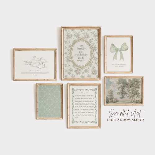 Christian Nursery Wall Art Girls Sage Green Scripture Cottagecore Decor Vintage Bible Verse Gallery SET OF 6 Digital Download