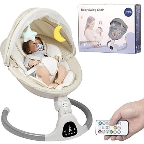 Electric Baby Swing for Infants, with Bluetooth Remote Control Timing Function and 10 Music 5 Swing Speeds 3 Seat Positions Baby Bouncer for Boy Girl Indoor & Outdoor Use (Lvory White)