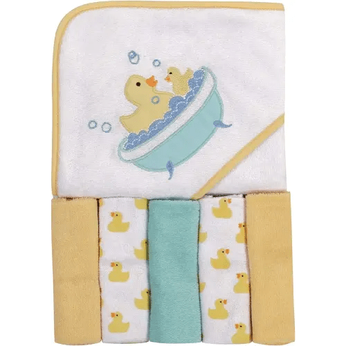 Luvable Friends Unisex Baby Hooded Towel with Five Washcloths, Bathtime Duck, One Size