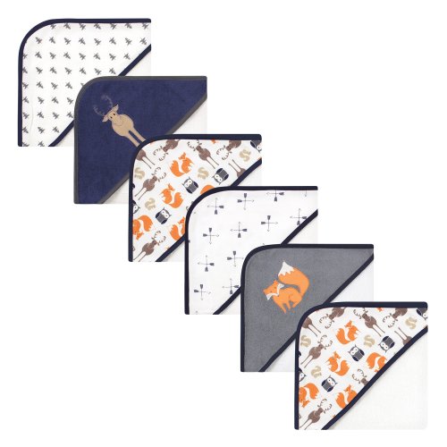 Hudson Baby Infant Boy 6Pc Cotton Rich Hooded Towels Bundle Set, Blue Moose Orange Fox, One Size