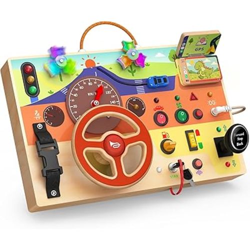 Montessori Wooden Busy Board with Steering Wheel & Driving Toys - Sensory Activity Boards for Toddlers 1-3, Car Themed Fidget Toy with Lights, Switches & Windmill Spinner, Travel Gift for Boys Girls