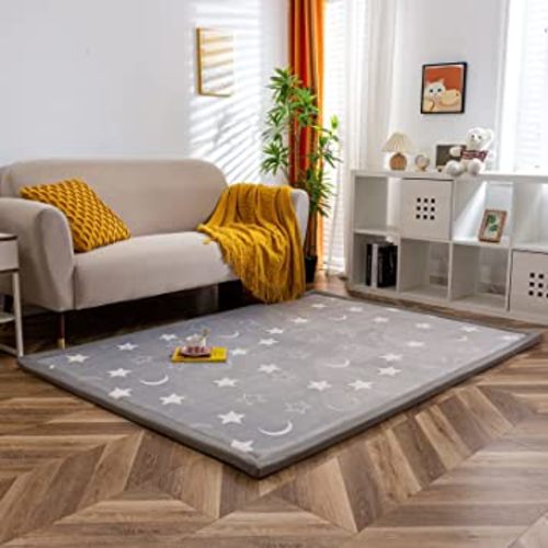 MAXYOYO Baby Play Mat, 1.2" Thick Memory Foam Soft Padded Carpet with Non-Slip Backing, 4.9ft x 6.6ft Japanese Tatami Rug Living Room for Kids, Toddler, Children, Nusery (Gray Star Moon)