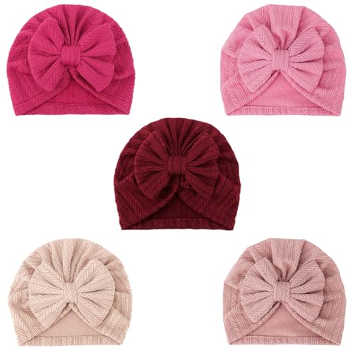DRESHOW BQUBO 5 Pieces Newborn Baby Turban Hats Bow Baby Infant Beanie Breathable Toddler Cap for Baby Girls