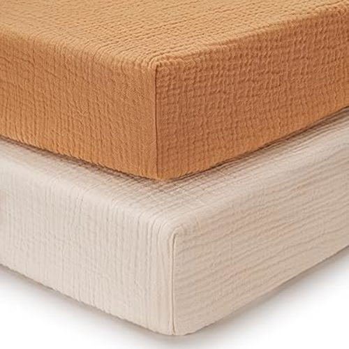 Blissful Diary Muslin Crib Sheets for Girl Boy, Boho Neutral Soft Cotton Baby Sheet for 52''x28'' Standard Crib Mattress, 2 Pack(Retro Yellow&Beige)