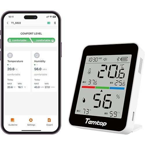 Temtop Humidity Meter T1, Indoor Thermometer for Room Temperature, Bluetooth Hygrometer with Notification Alerts, Data Export, Digital Temperature Gauge for Home, Office, Garage, Baby Nursery