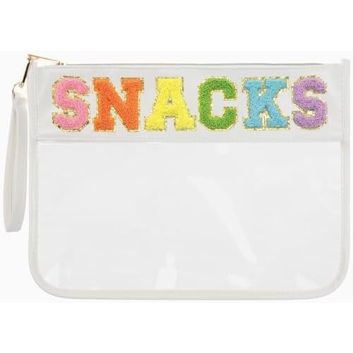 Snack Bag Clear Chenille Varsity Letter Zipper Pouch for Travel Nylon Clear Cosmetic Bag Makeup Travel Bag for Women (White-Snacks)