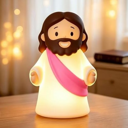 Jesus Night Light Rechargeable Bedside Night Light Dimmable Silicone LED Light Ideal for Religious Gatherings, Gifts for Sunday School, Baptism Presents, Easter Egg Decorations (Pink)