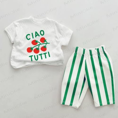 CIAO TUTTI Baby Tomatoes Green Vertical Striped 2-piece Set