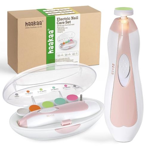 haakaa Baby Nail Trimmer Electric Safe Baby Nail Clippers Baby Nail File Kit Manicure Set, Trim Polish Grooming kit for Newborn Toddler or Adults Toes Fingernails, 6 Grinding Heads and LED Light - Pink