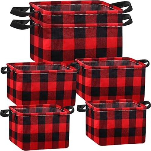 Boao 6 Pcs Buffalo Plaid Basket Square Storage Basket Buffalo Check Basket Bin Solid Storage Organizer with Handles Collapsible Square Organizer for Home Office (Red, Black, Plaid Style)
