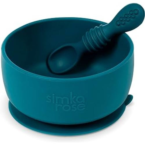 Simka Rose Baby Bowl and Spoon Set, Suction Bowls for Toddler, BPA-Free Silicone, Dishwasher and Microwave Safe Feeding Supplies (Emerald)