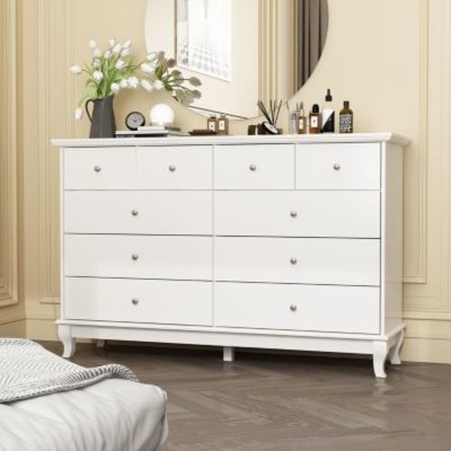 White 10-Drawer 55.1 in. W Wood Paint Finish Dresser Chest of Drawers Cabinet