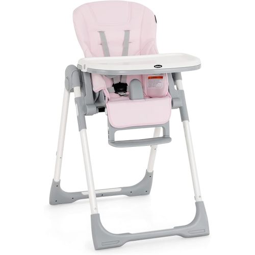 INFANS High Chair for Babies & Toddlers, Foldable Highchair with Multiple Adjustable Backrest, Footrest and Seat Height, Removable Tray, Detachable PU Leather Cushion, Built-in Rear Wheels (Pink)