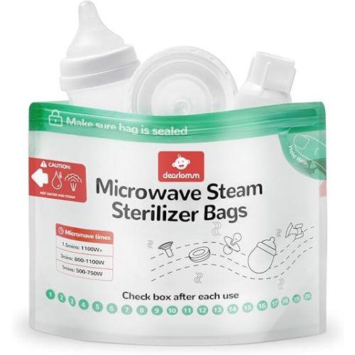 dearlomum Microwave Steam Sterilizer Bag for Baby Bottles 20 Count (20 Uses Per Bag), Reusable Travel Sterilization Pouches, Disinfection Container for Baby Pacifiers and Breast Pump Accessories
