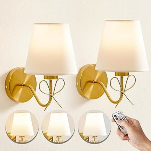 Battery Operated Wall Sconces Lights Set of Two Remote Control, Antique Brass Bow Sconces Rechargeable Battery Powered Wall Lights Dimmable LED 2700K-6000K 16 Color Temperatures