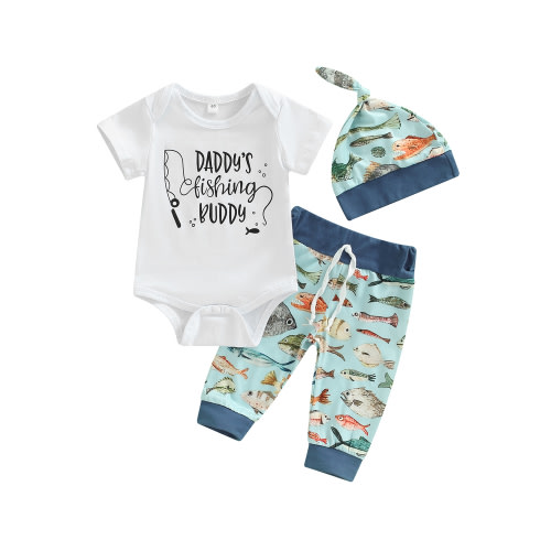 Newborn Baby Boy Fishing Outfit Daddy's New Buddy Romper Fish Pants Set Hat 3Pcs Infant Boy Summer Clothes