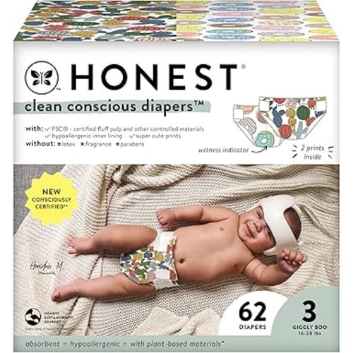 The Honest Company Clean Conscious Diapers | Plant-Based, Sustainable | Cactus Cuties + Donuts | Club Box, Size 3 (16-28 lbs), 62 Count