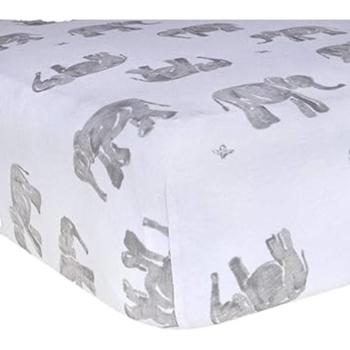 Burt's Bees Baby Print Fitted Crib Sheet Organic Cotton BEESNUG - Grey Wandering Elephants Animal Prints, Fits Unisex Standard Bed and Toddler Mattress, Infant Essentials, 52 x 28 Inch 1-Pack