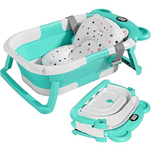 TPN Collapsible Baby Bathtub for Infants to Toddler with Real-time Temp Monitor+Floating Cushion,Foldable Baby Bath Tub Set Applicable 0-36 Month,Perfect Portable Travel Baby Tub for Newborns Boy