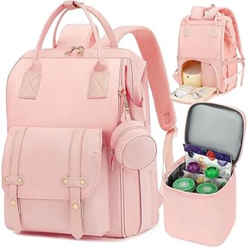 Breast Pump Backpack & Diaper Bag with Cooler, Fits Spectra S1 S2 Medela, Pumping Bag for Work, Fits 15.6" Laptop, 15 Pockets, Reinforced Zippers, Pacifier Case, Stroller Straps, Pink