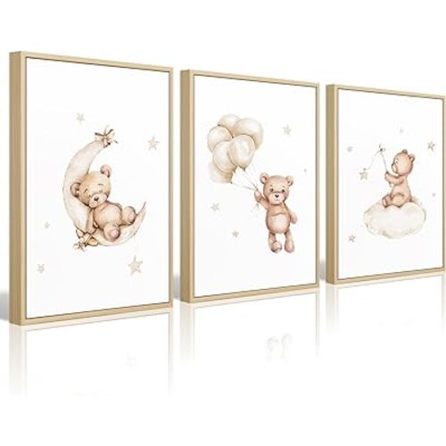 Bear Nursery Wall Art Decor Set of 3 Teddy Bear Canvas Wall Art Baby Boy Nursery Prints Nursery Pictures Wall Decor Moon Star Cloud Neutral Nursery Print for Girls Children Room 12x16 Inch FRAMED
