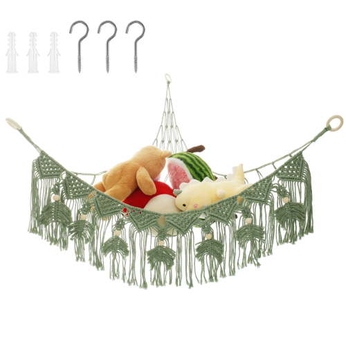 Jokapy Stuffed Animal Storage Net Hammock, Macrame Tassel Plush Toy Hanging Organizer, Green