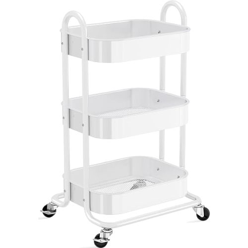 3 Tier Rolling Cart, Metal Utility Cart, Rolling Carts with Wheels, Nursery Organization Cart with Handle, Multifunctional Diaper Cart Organizer, Premium Baby Cart, Nursery Cart White
