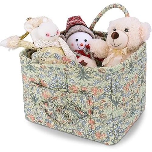 Storage Basket Boho Fabric Large Collapsible Floral Laundry Nursery Hamper Portable Folding Storage for Clothes Toys (Light Green A)