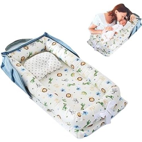Baby Lounger for Newborn Portable,Loevin Co Sleeping for Baby in Bed,100% Cotton Newborn Lounger Adjustable Size & Strong Zipper Lengthen Space to 24 Months_Animal World Blue