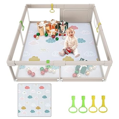 Baby Playpen with Mat, 59x59inch Playpen for Babies and Toddlers, Kids Play Pen, Extra Large Baby Playpen,Baby Fence,Big Playpen for Infants with Gate,Playard for Baby