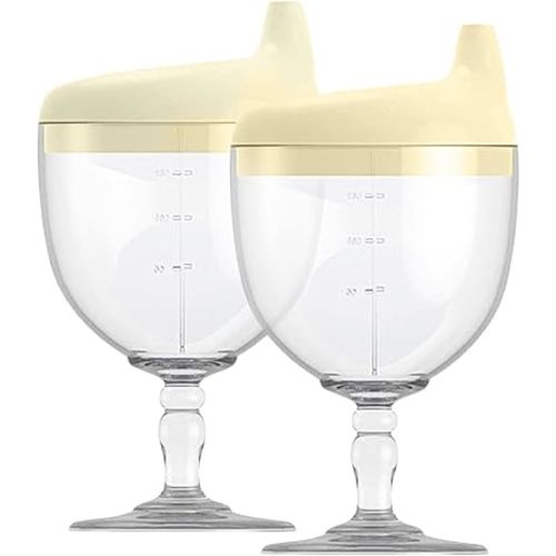 KFT Baby Sippy Cup Wine Glass - Fun No Spill Plastic Goblet for Kids - Perfect Beverage Mug with Lid for Birthday Parties and Celebrations - Ideal for Milk, Juice, and More! (Yellow, 2)