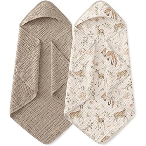 Yoofoss Hooded Baby Towels for Newborn 2 Pack 100% Muslin Organic Cotton Baby Bath Towel with Hood for Babies, Infant, Toddler and Kids, Large 32x32Inch, Soft and Absorbent Newborn Essential