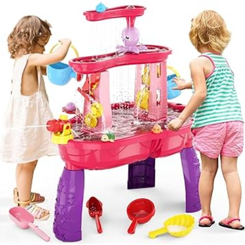 Water Table for Toddlers 1-3 3-5, 3-Tier Kids Splash Sand Table Water Toys, Rain Showers Splash Pond for Outdoor Beach Backyard Summer, Activity Sensory Play Table for Girls, Pink