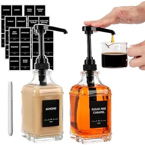 BIGIVACA Coffee Syrup Dispenser 16 oz 2 Pack,Clear Glass Syrup Bottle with 1/4oz Capacity Pump,Syrup Dispenser for Coffee Bar with Plastic Pump