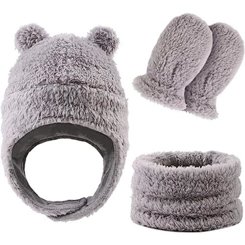 Fleece Baby Hat and Mitten Set Winter Toddler Beanie Warm Scarf Infant Ears Earflap Hood Scarves Hats for Baby Boys Girls