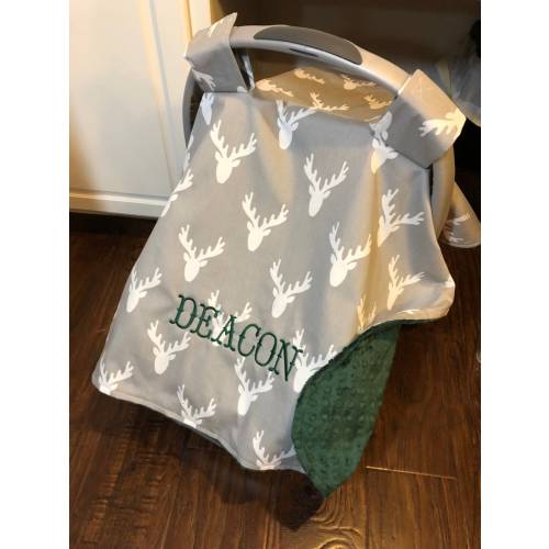 Personalized Baby Boy or Girl Carseat Canopy, woodland nursery baby canopy, car seat blanket, grey buck deer antler