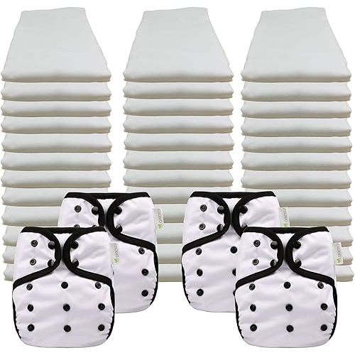 OsoCozy Economy Prefold Cloth Diaper Package - 3 Dozen Regular 4x6x4 Bleached 100% Cotton Prefold Diapers (7-30 lbs) & 4 One-Size Diaper Covers (4 Polar White)