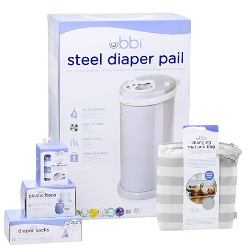 Ubbi Diaper Changing Value Gift Set, Baby Registry Gift, Includes Gray Diaper Pail, Absorbing Gels, Travel Changing Mat & Bag, Diaper Pail Waste Bags and On-the-Go Waste Sacks - Value Set