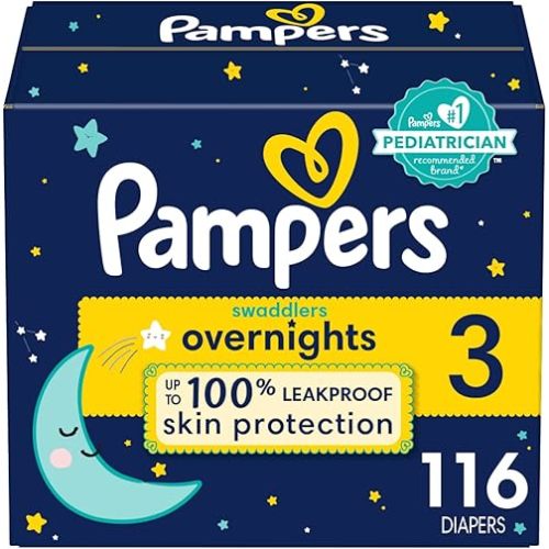 Diapers Size 3, 116 Count - Pampers Swaddlers Overnights Disposable Baby Diapers, Enormous Pack (Packaging & Prints May Vary)