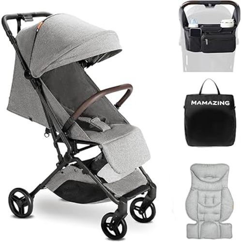 MAMAZING Lightweight Baby Travel Stroller with Carbon Fiber Frame, Compact & Airplane-Friendly, One-Handed Folding Design, 11.6 lbs, Perfect for Toddlers, Organizer & Cushion Included, Grey