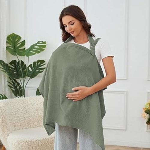 Nursing Cover for Baby Breastfeeding with Rigid Hoop, Breathable Soft 100% Muslin Cotton, Baby Breast Feeding & Pumping Apron, Multi Use Baby Car Seat Stroller Cover (Roman Green)