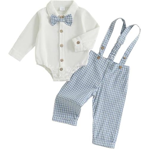 Baby Boy Clothes Set Infant Bow Tie Button Down Shirt Bodysuit Top Gingham Plaid Pants 2Pcs Fall Winter Outfit