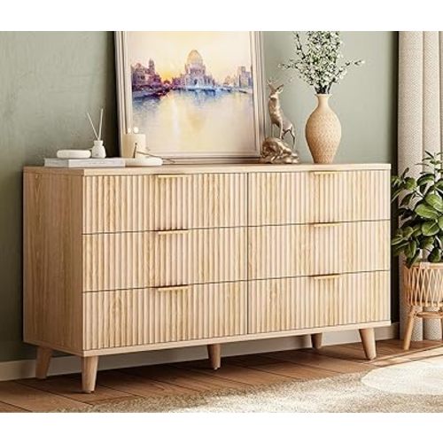 Lulive Dresser for Bedroom Wooden Chest of Drawers, Fluted Mid Century Modern Dressers TV Stand 6 Drawers for Bedroom, Closet, Living Room, Hallway Natural
