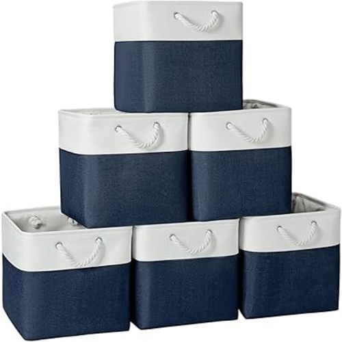 Fabric Storage Cubes 13 x 13, Collapsible Storage Bins for Shelf Baskets, Cube Storage Organizer White Navy Bins with Cotton Handles,Foldable Storage Bin box,Cube Storage Bin 6 Pack