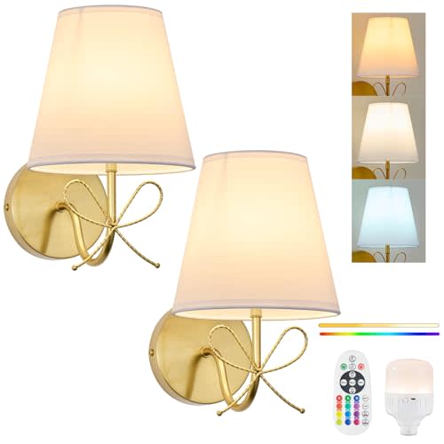 PASSICA DECOR Bow Wireless Battery Operated Wall Sconce Set of 2, Rechargeable Dimmable LED Lights with 15 Colors, Timer, Remote Control,Bow Lamp for Girls Rooms,Bedroom Living Room